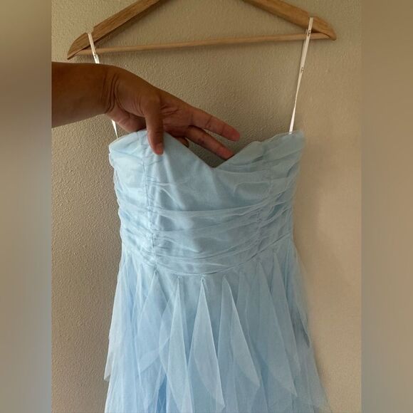 NWT Lulus Delightful Beauty Blue Mesh Strapless Ruched Ruffled Maxi Dress Size L - Picture 5 of 12